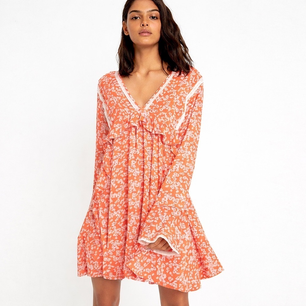 Free People Floral Mini Dress Boho Long Sleeve V-Neck Orange Red White Small